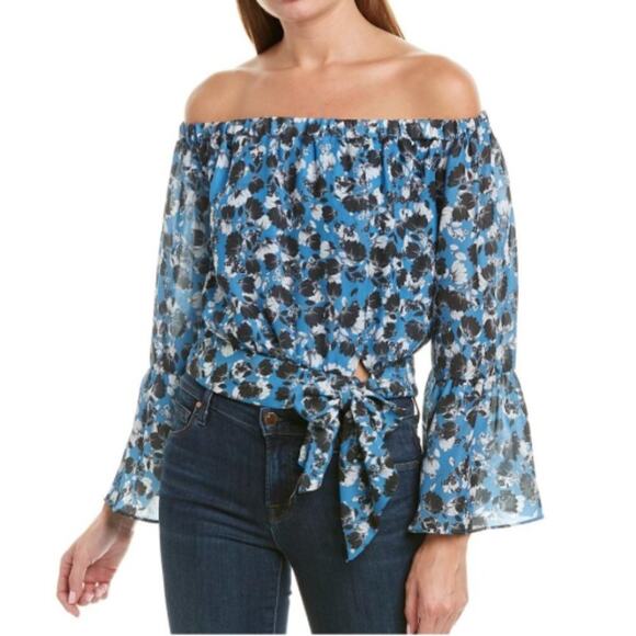 Parker Blue Floral Tie Front Off-the-Shoulder Blouse - Picture 1 of 8